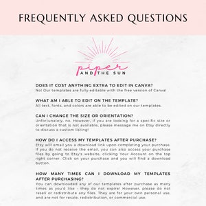 K&ouml;nnte beinhalten: Eine rosa und wei&szlig;e Grafik mit dem Text "Frequently Asked Questions" und "Piper and the Sun" in einem rosa und wei&szlig;en Sonnenstrahl-Design. Der Text unterhalb des Sonnenstrahls beantwortet Fragen zum Bearbeiten von Vorlagen in Canva, zum Zugriff auf Vorlagen nach dem Kauf und zum Herunterladen von Vorlagen.