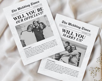 Puede incluir: Dos tarjetas de anuncio de boda en blanco y negro estilo periódico. La tarjeta superior dice "¿Quieres ser nuestro oficiante?" y presenta una foto de tres personas. La tarjeta inferior dice "¿Te casarías con nosotros?" y presenta una foto de tres personas.