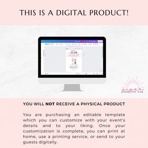 K&ouml;nnte beinhalten: Ein Computerbildschirm zeigt ein digitales Produkt f&uuml;r einen Junggesellinnenabschied. Das Produkt ist eine druckbare Einladung mit einem rosa-wei&szlig;en Farbschema und dem Text "CLUB bachelorette".
