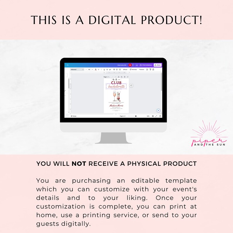 K&ouml;nnte beinhalten: Ein Computerbildschirm zeigt ein digitales Produkt f&uuml;r einen Junggesellinnenabschied. Das Produkt ist eine druckbare Einladung mit einem rosa-wei&szlig;en Farbschema und dem Text "CLUB bachelorette".