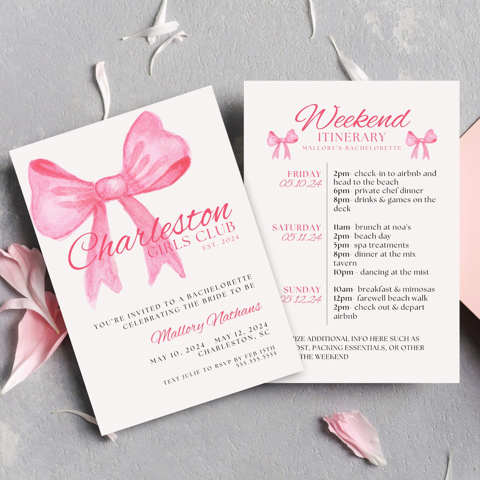 Charleston Bachelorette Invite and Weekend Itinerary Template, Pink Bow ...