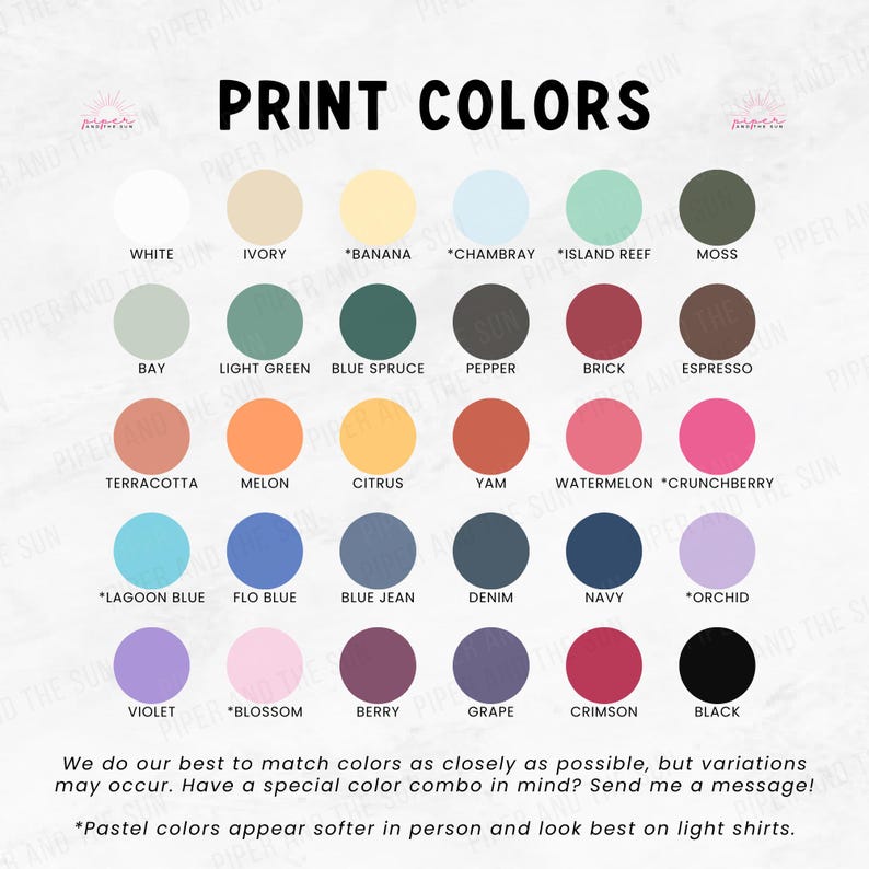 Puede incluir: Una carta de colores con el texto "PRINT COLORS" en la parte superior. La carta muestra una variedad de colores, incluyendo blanco, marfil, pl&aacute;tano, chambray, arrecife de la isla, musgo, bah&iacute;a, verde claro, abeto azul, pimienta, ladrillo, espresso, terracota, mel&oacute;n, c&iacute;tricos, &ntilde;ame, sand&iacute;a, crunchberry, azul laguna, azul flo, vaquero azul, mezclilla, azul marino, orqu&iacute;dea, violeta, flor, baya, uva, carmes&iacute; y negro.