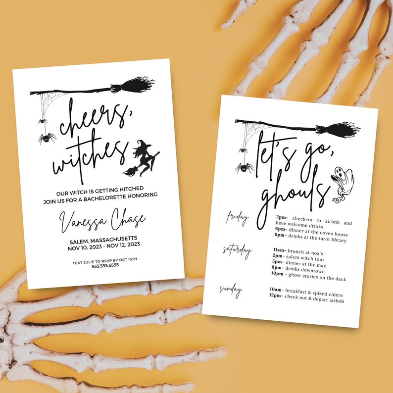 K&ouml;nnte beinhalten: Eine schwarz-wei&szlig;e druckbare Einladung zu einem Junggesellinnenabschied mit Halloween-Thema. Die Einladung zeigt eine Hexe auf einem Besen, ein Spinnennetz und den Text "Cheers, Witches". Die Einladung enth&auml;lt auch den Text "Our witch is getting hitched. Join us for a bachelorette honoring Vanessa Chase. Salem, Massachusetts. Nov 10, 2023 - Nov 12, 2023. Text Julie to RSVP by Oct 15th. 555-555-5555".