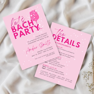 Lets Bach Party Bachelorette Invite, Malibu Bachelorette Party, Itinerary Template, Pink, Barb, Beach, California, Sparkles, Printable