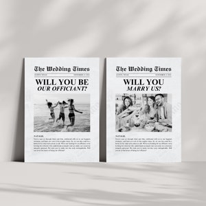 Plantilla de periódico de tarjeta de propuesta de oficiante de boda, pedir idea de oficiante, regalo de tarjeta de foto personalizable, ¿te casarás con nosotros, serás nuestro oficiante?