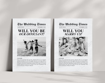 Puede incluir: Dos tarjetas de anuncio de boda en blanco y negro estilo periódico. La tarjeta superior dice "The Wedding Times" y "Will You Be Our Officiant?" con una foto de tres personas corriendo en una playa. La tarjeta inferior dice "The Wedding Times" y "Will You Marry Us?" con una foto de tres personas sentadas en una mesa.