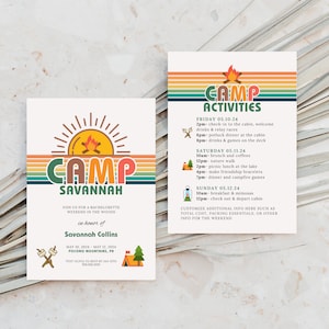 Camp Bachelorette Invitation and Itinerary Template, Retro Camp Theme Bachelorette Party, Summer Camp Bach, Groovy Aesthetic, Cabin Glamping