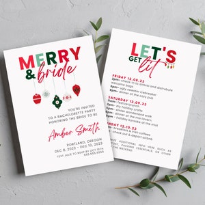 Merry and Bride Bachelorette Party Invitation & Itinerary Template, Winter Bachelorette Party Ideas, Holiday Bridal Shower, Christmas Bride