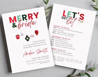 Plantilla de itinerario e invitación de despedida de soltera feliz y novia, ideas de despedida de soltera de invierno, despedida de soltera navideña, novia de Navidad