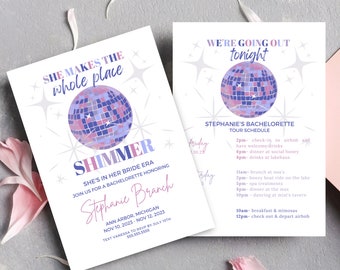 Braut Ära Einladung, Bachelorette Ära Thema, In meiner Braut Ära, verlobte Ära, Shimmer, Disco, Retro, groovy, Reiseplan Vorlage, printable
