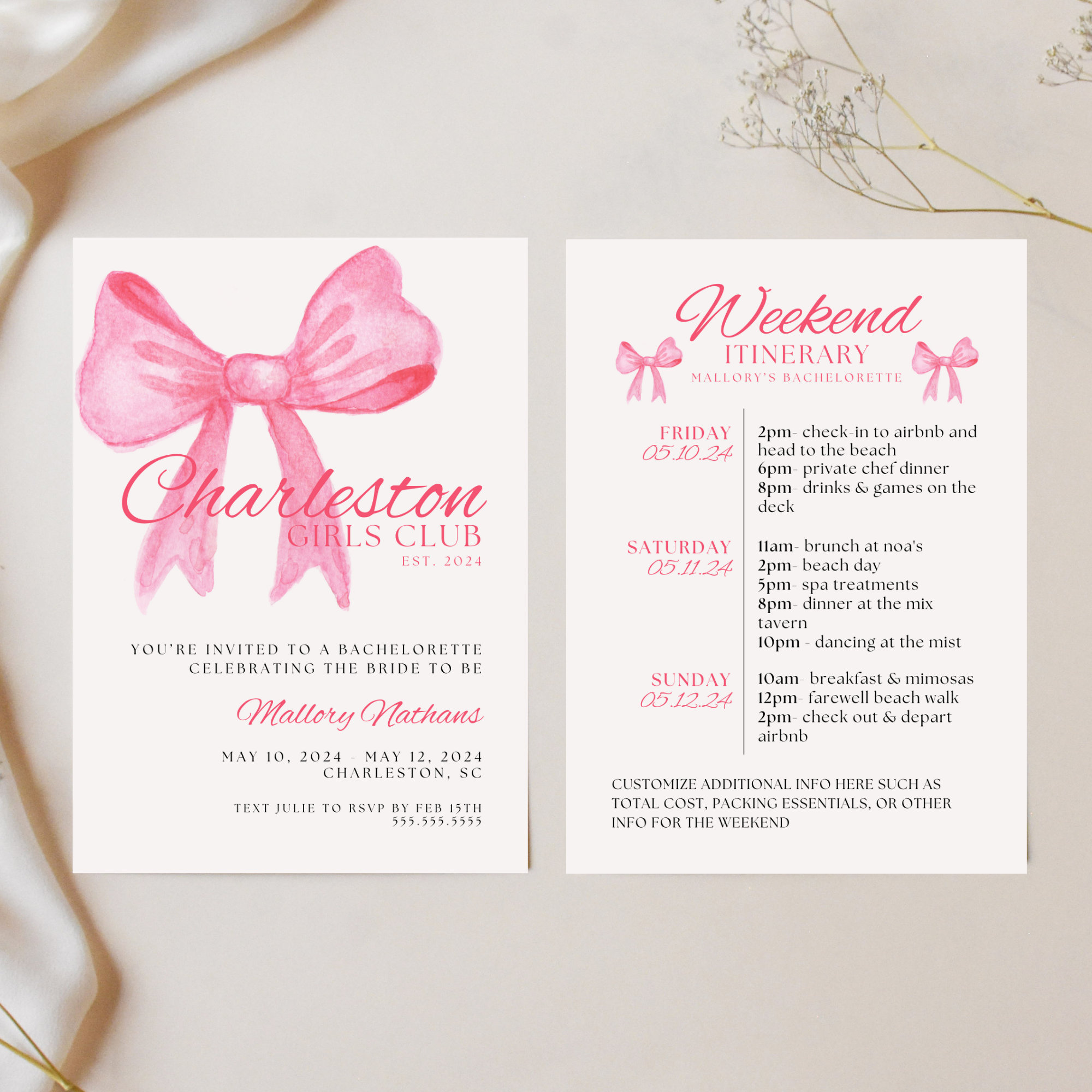 Charleston Bachelorette Invite and Weekend Itinerary Template, Pink Bow ...