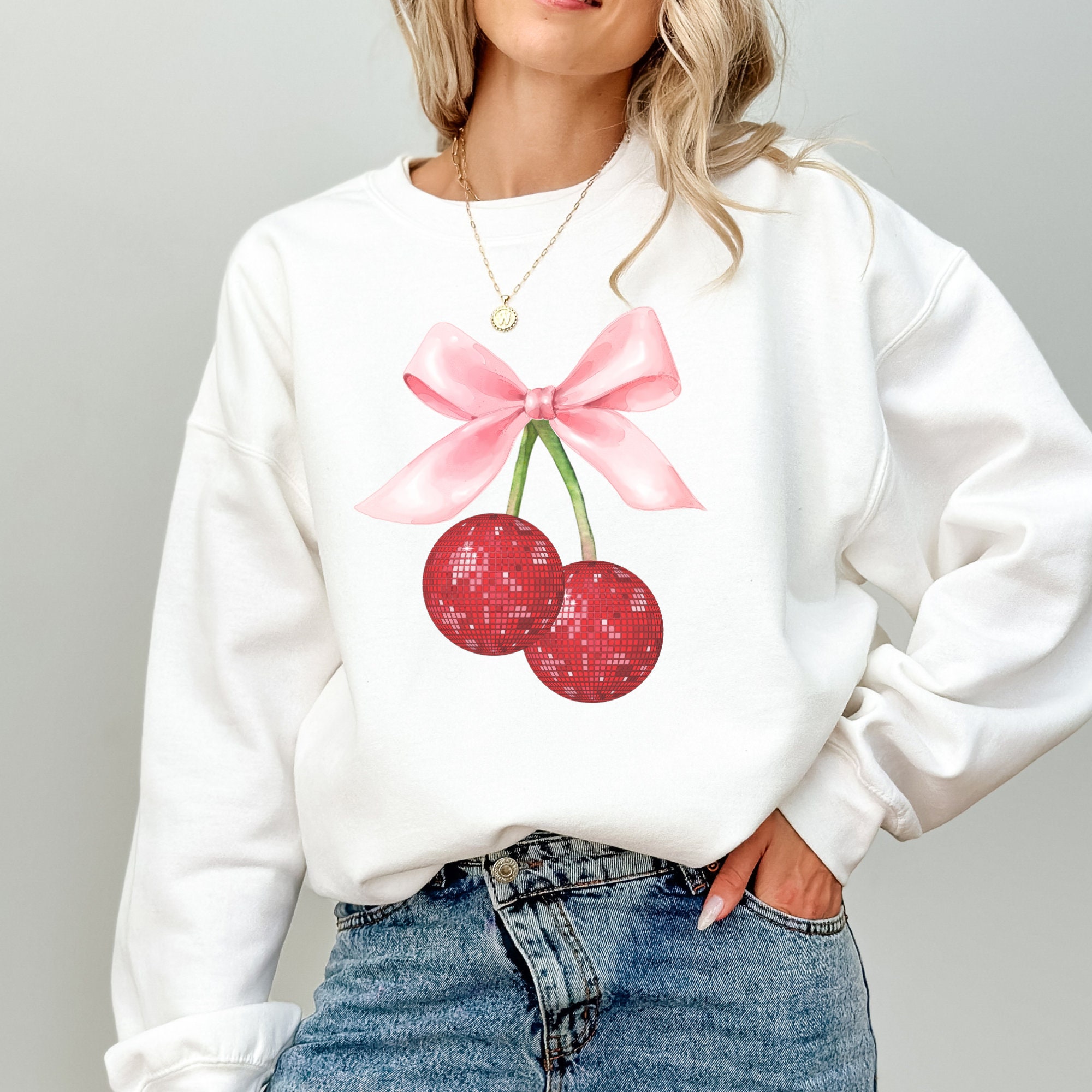 Coquette Cherry Bow Sweatshirt, Cherry Disco With Pink Bow, Cherry 
