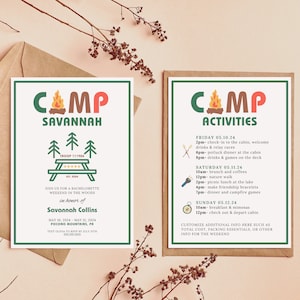 Camp Bachelorette Invitation, Camp Themed Bachelorette Party Invite, Summer Camp Bach, Retro, Weekend Itinerary Template, Digital Download