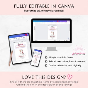 K&ouml;nnte beinhalten: Editierbare Bachelorette-Party-Einladungsvorlage in Canva. Die Einladung hat ein rosafarbenes und wei&szlig;es Design mit dem Text "Club Bachelorette" und einer Cocktail-Illustration. Der Text "Einfach in Canva zu bearbeiten", "Alle Texte, Farben, Schriftarten und Inhalte bearbeiten" und "Kann gedruckt oder digital versendet werden" wird unterhalb der Einladung angezeigt.