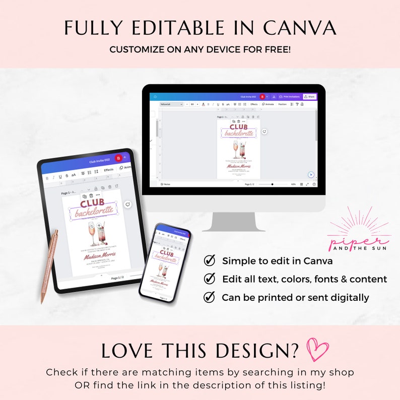 K&ouml;nnte beinhalten: Editierbare Bachelorette-Party-Einladungsvorlage in Canva. Die Einladung hat ein rosafarbenes und wei&szlig;es Design mit dem Text "Club Bachelorette" und einer Cocktail-Illustration. Der Text "Einfach in Canva zu bearbeiten", "Alle Texte, Farben, Schriftarten und Inhalte bearbeiten" und "Kann gedruckt oder digital versendet werden" wird unterhalb der Einladung angezeigt.