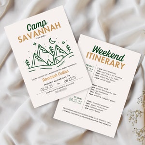 Invitación de despedida de soltera al campamento y plantilla de itinerario de fin de semana, despedida de soltera temática del campamento imprimible, descarga digital, editable en Canva