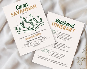 Camp Bachelorette Einladung und Wochenend Reiseroute Vorlage, Camp Theme Bachelorette Party druckbar, digitaler Download, bearbeitbar in Canva