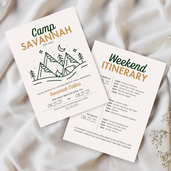 Camp Bachelorette Invitation and Weekend Itinerary Template, Camp Theme Bachelorette Party Printable, Digital Download, Editable in Canva