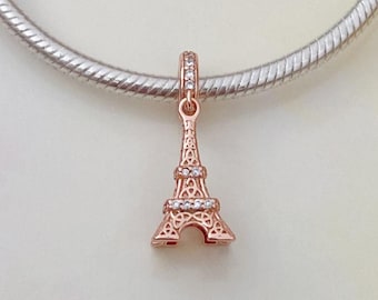 Paris Eiffel Tower Dangle Charm • Genuine S925 Sterling Silver Rose Gold Charm for Bracelet • Necklace Pendant