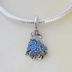 Forget Me Not Dangle Charm • Flower Basket Charm • Genuine 925 Sterling Silver Charm for Bracelet • Necklace Pendant • Gift for Her