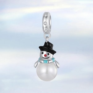 Pearl Snowman Dangle Charm • Genuine S925 Sterling Silver Charm for Bracelet • Necklace Pendant • Christmas Gift for Her