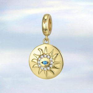 Sun Evil Eye Dangle Charm • S925 Sterling Silver & Gold Plated Charm for Bracelet • Necklace Pendant • Gift for Her