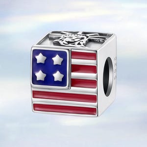 Peut inclure: Un charm en argent en forme de cube, représentant le drapeau américain avec des rayures rouges et blanches et un carré bleu avec quatre étoiles blanches. Le dessus du charm présente un motif de la Statue de la Liberté.