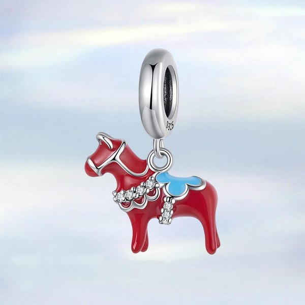 Swedish Dala Horse Charm • New S925 Sterling Silver Charm for Bracelet • Necklace Pendant • Gift for Her