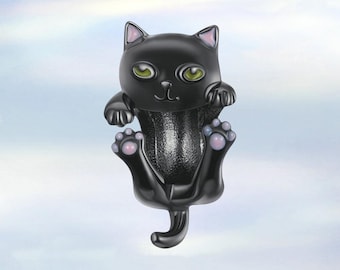 Small Black Cat Charm • S925 Sterling Silver Charm for Bracelet • Cat Lover Gift
