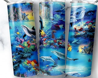 Dolphin Tumbler, Dolphin Tumbler Wrap, Envoltura de tumbler submarino, Animales oceánicos, Diseño de vaso, Vaso de café, Descarga digital, Envoltura de delfines