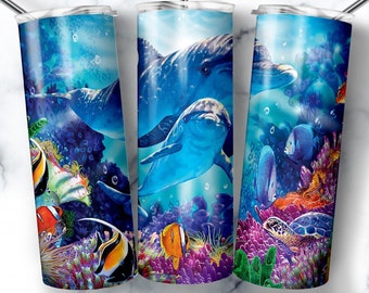 Dolphin Tumbler, Dolphin Tumbler Wrap, Undersea Tumbler Wrap, Ocean Animals, Tumbler Design, Coffee Tumbler, Digital Download, Dolphin Wrap