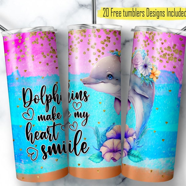 Dolphin Tumbler 20oz Design, Cute Dolphin Wrap Design, Glitter Dolphin 20oz Design, Glitter Floral Digital Design, Digital Download, Digital