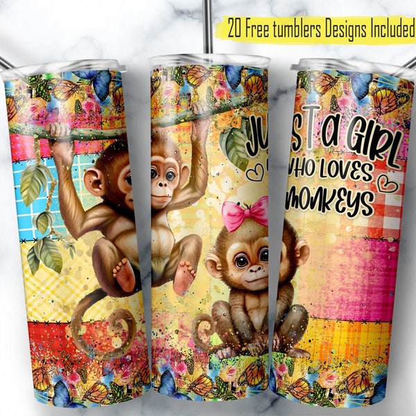 Monkey 20oz Tumbler Design, Glitter Monkey Wrap Design, Glitter Tumbler Wrap, Cute tumbler Design, Floral Monkey Design, Monkeys Lover wrap