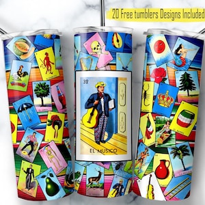 Meksykańska Loteria Tumbler Wrap, 20 uncji Skinny Design, projekt kart Loteria, cyfrowy projekt sublimacji, El Musico Loteria, karta El Musico