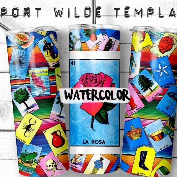 WATERCOLOR Mexican Loteria Tumbler Wrap, 20oz Skinny Design, Tumbler Wrap, Loteria Cards Design, Sublimation Digital Design, La Rosa Loteria