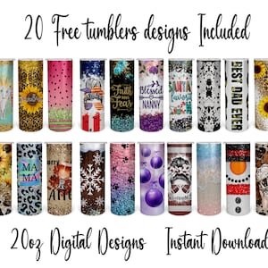 May include: A collection of 20 digital tumbler designs, each 20 oz. Designs include sunflowers, leopard print, patriotic themes, and holiday motifs. Text includes "Faith over Fear", "Blessed Nanny", and "Best Dad Ever". The words "Instant Download" are also visible.