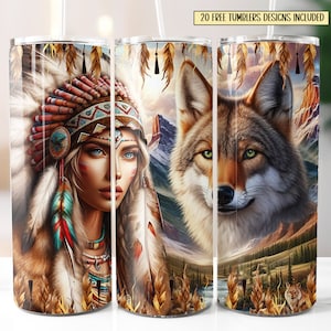 May include: A set of three stainless steel tumblers with a colorful design featuring a Native American woman with feathers and a wolf. The background is a landscape with mountains and trees.