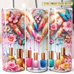 Könnte beinhalten: Ein Set aus drei Edelstahl-Bechern mit einem Design, das farbiges Nagellacktropfen zeigt, die an einer Hand mit manikürten Nägeln, Blumen und Schmetterlingen heruntertropfen. Die Becher haben ein Fassungsvermögen von 20 oz und sind mit einer doppelwandigen Isolierung ausgestattet.