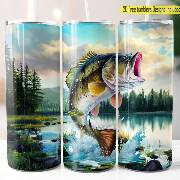 Bass Fish Digital Wrap, 20oz Skinny Tumbler Designs, Tumbler Wrap, Fish wrap, Sublimation Digital Design, 20oz Wrap, Fishing Digital Wrap