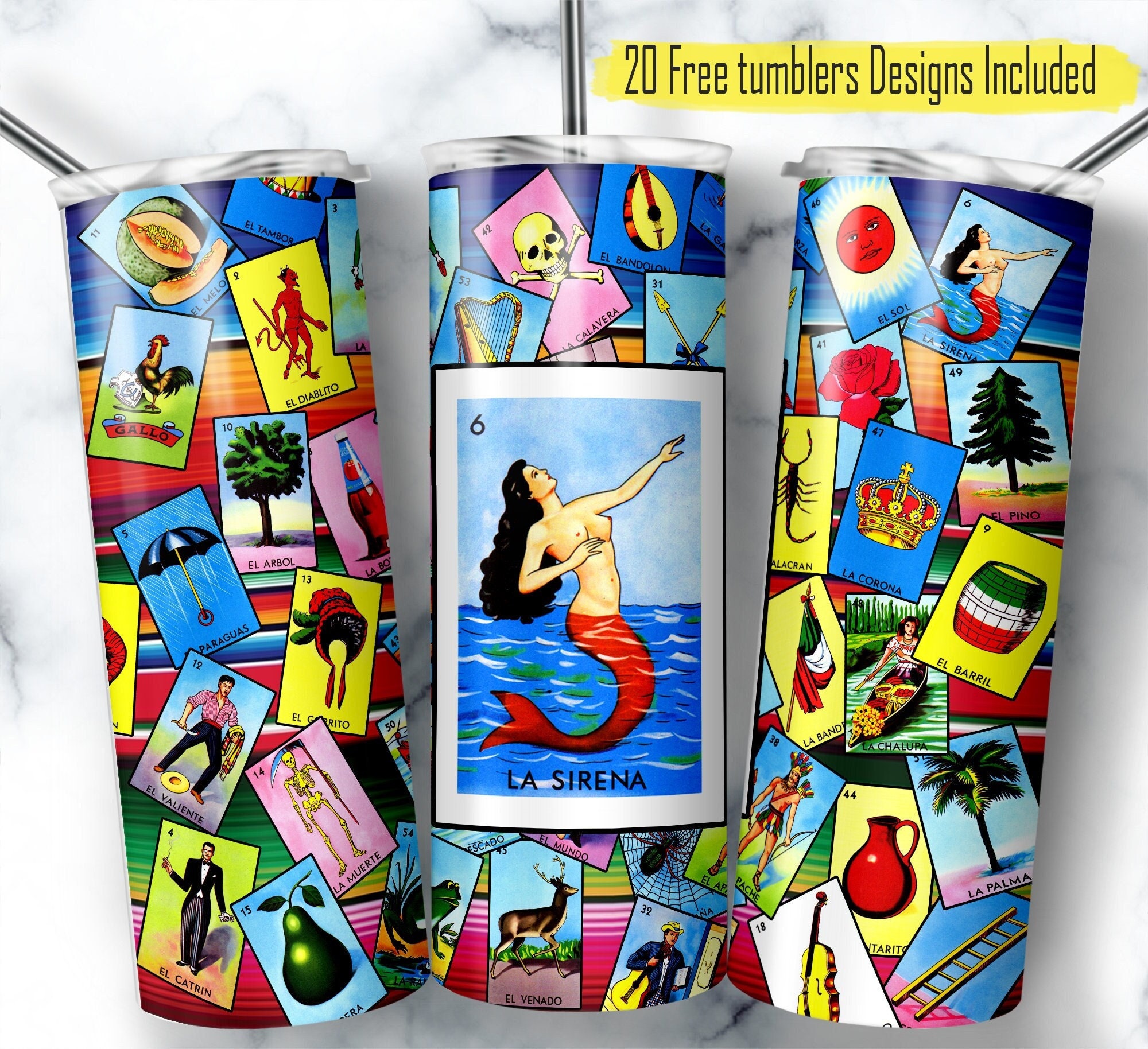 Mexican Loteria Tumbler Wrap: La Sirena Card Design (Digital Download)