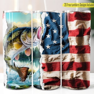 Bass 20oz Digital Wrap, 20oz Skinny Tumbler Designs, American Fishing Design, Sublimation Digital Design, 20oz Wrap, Patriot flag Design..