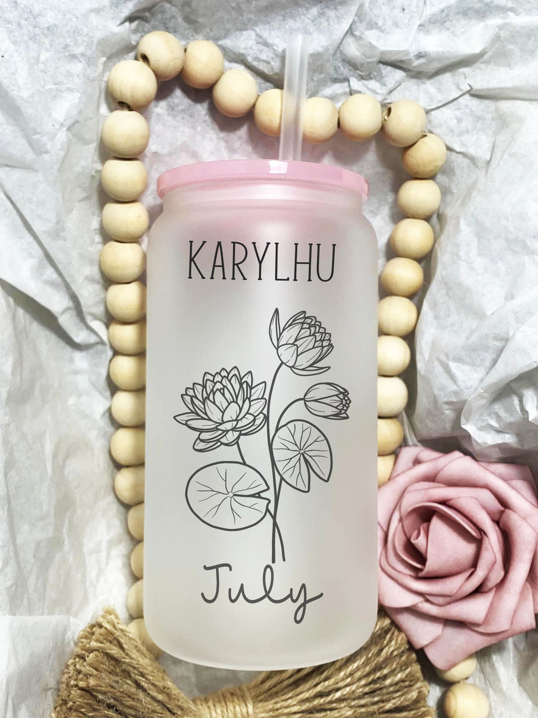 Personalized Iced Coffee Cup, 16oz/20 Glass Cup, Personalized Birth Flower Glass, July Birthday