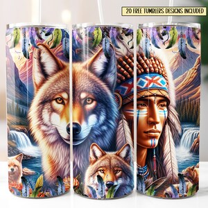 May include: A colorful design featuring a Native American man with a headdress, a wolf, and a wolf pup. The design is set against a background of a waterfall and a mountain range. The design is perfect for a tumbler.