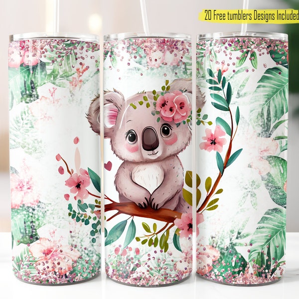 Koala Floral Tumbler Design, Koala Glitter Wrap Design, Cute Koala Digital Wrap, Floral Koala Design, Digital Download, Koala Lover Digital