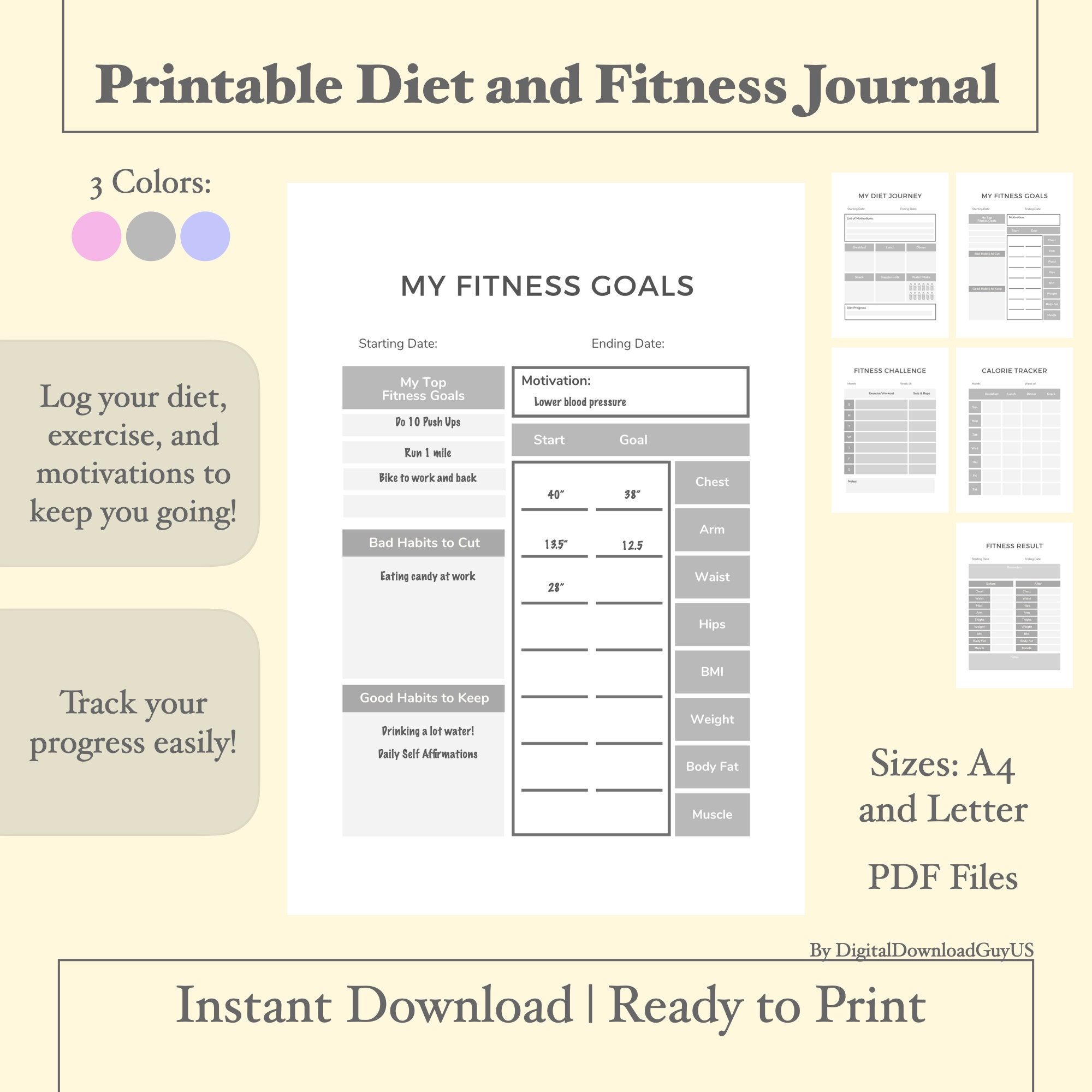 Printable DIET and EXERCISE JOURNAL Download Simple Workout Log Calorie ...