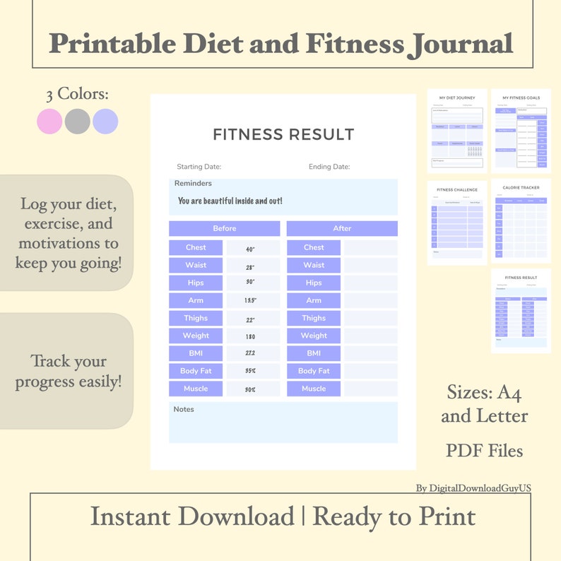 Printable DIET and EXERCISE JOURNAL Download Simple Workout Log Calorie ...