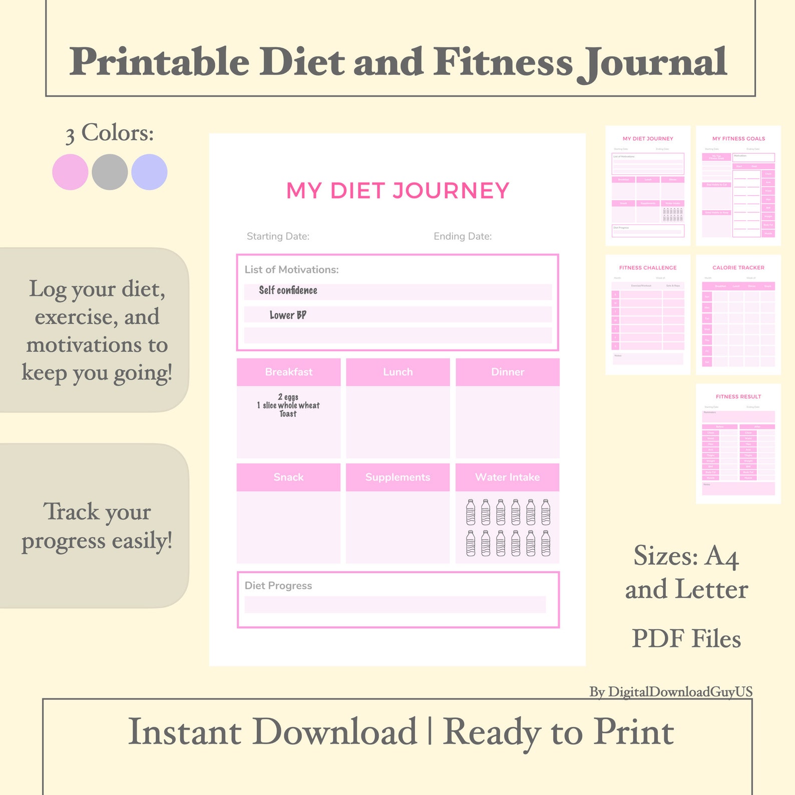 Printable DIET and EXERCISE JOURNAL Download Simple Workout Log Calorie
