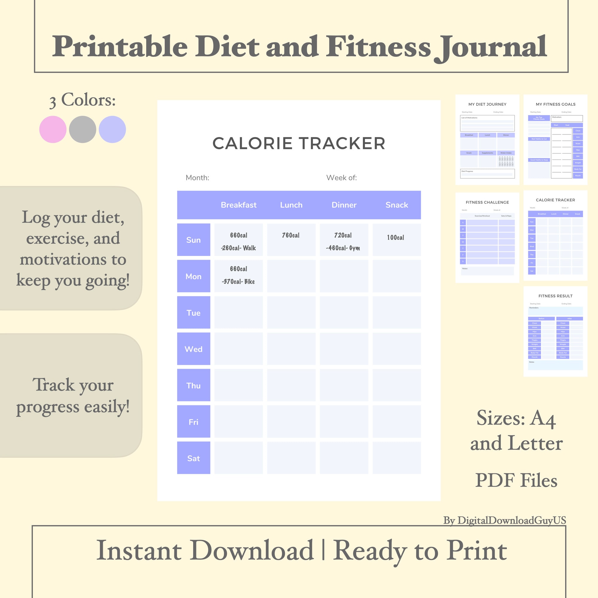 Printable DIET and EXERCISE JOURNAL Download Simple Workout Log Calorie ...