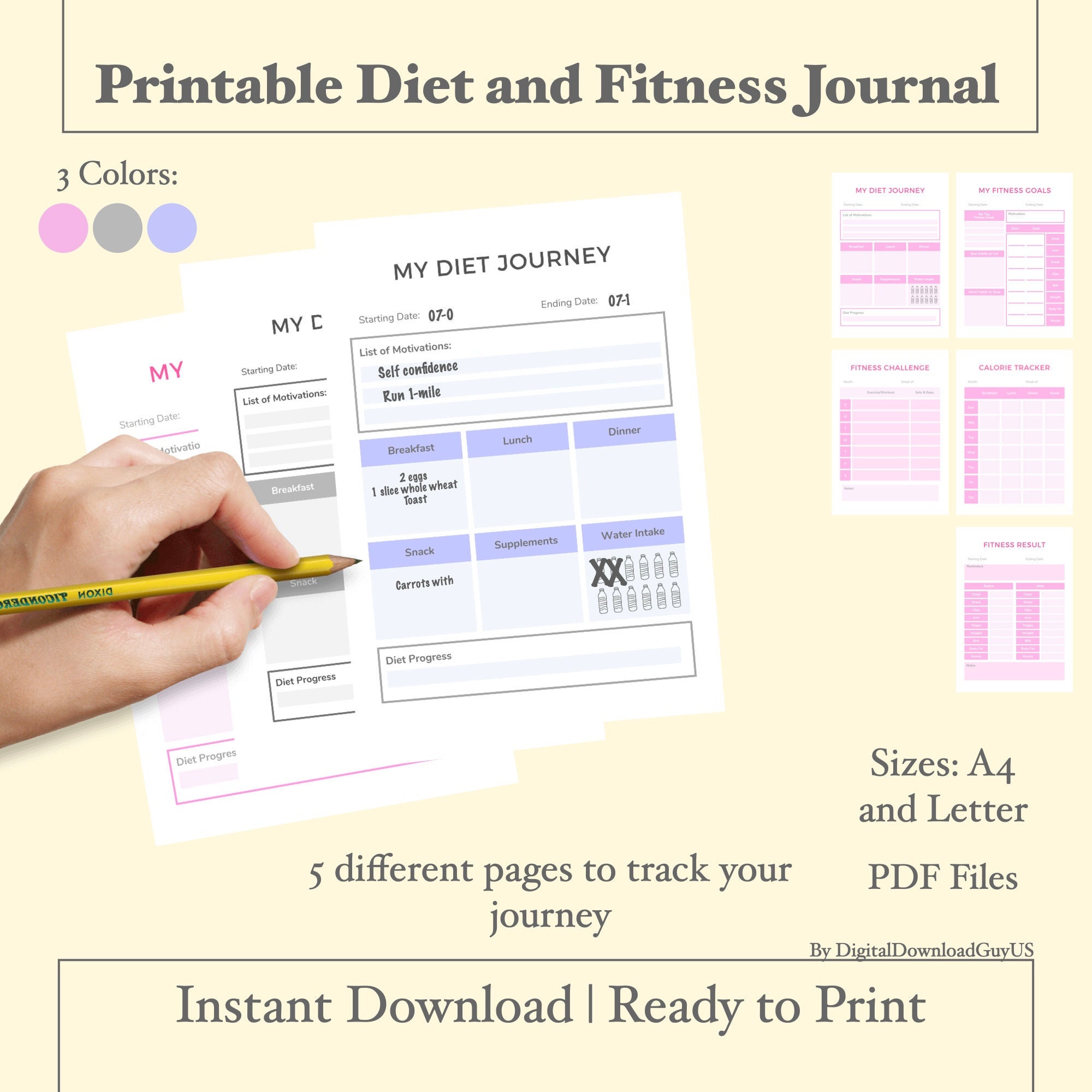 Printable DIET and EXERCISE JOURNAL Download Simple Workout Log Calorie ...