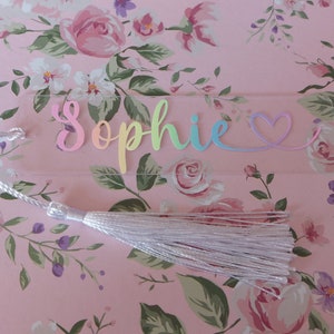 Personalised rainbow bookmark | Acrylic | Pastel | Gift | White tassel | Ombre | Heart |